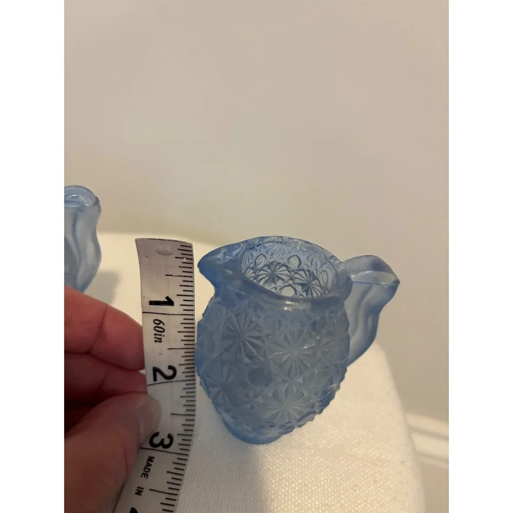 Vintage Blue Frosted Satin Glass Miniature Cream and Sugar Set Starburst Daisy